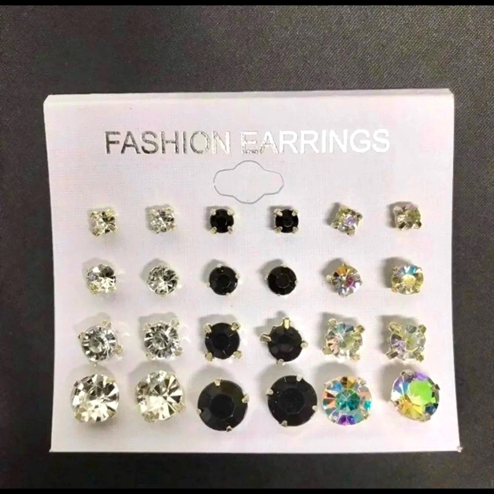 Rhinestone, Black, Iridescent Silver Tone Sparkling Earrings - New with Tag